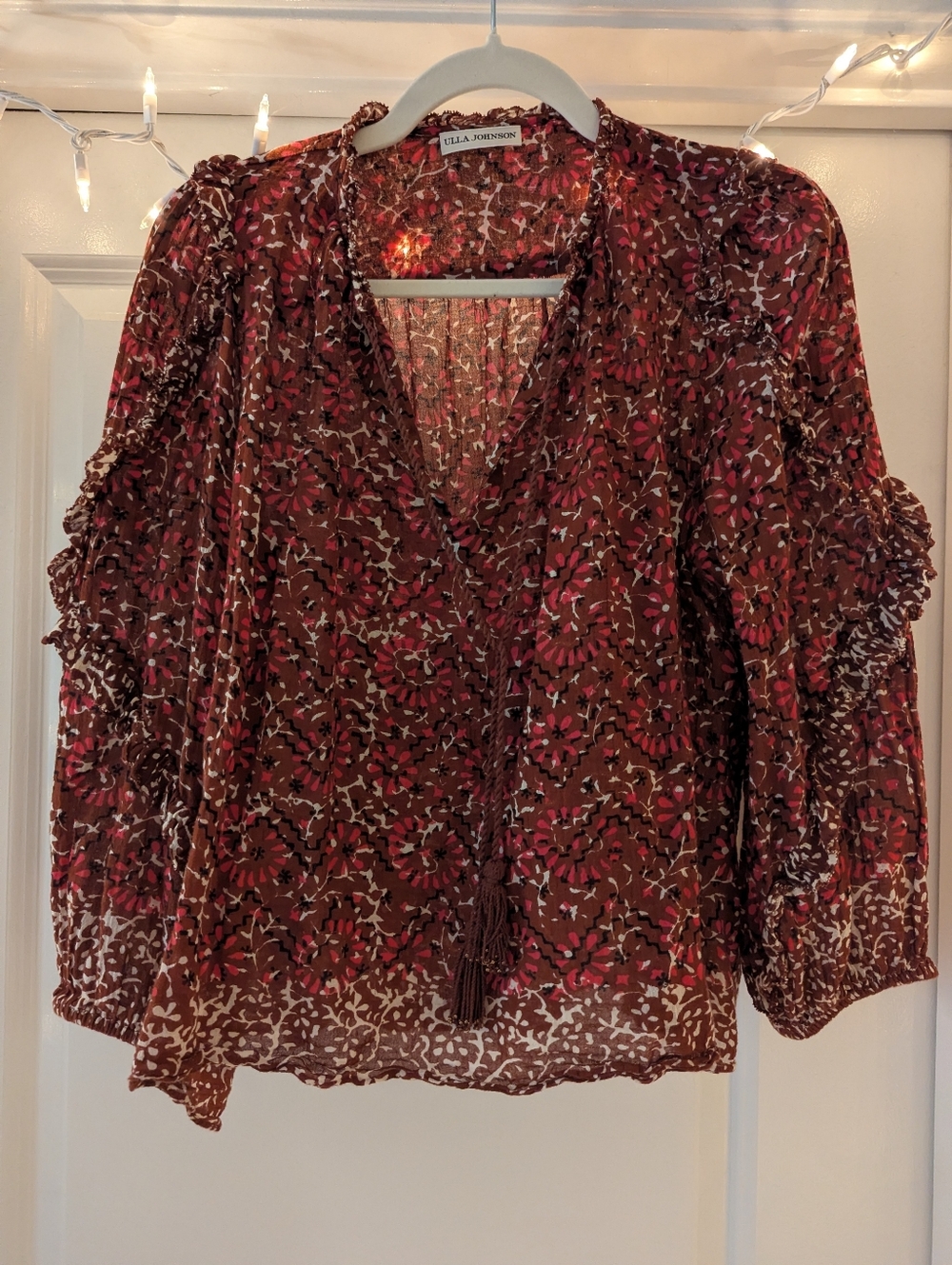 Ulla Johnson Brown Floral Tie-Neck Blouse with Pink Accents
